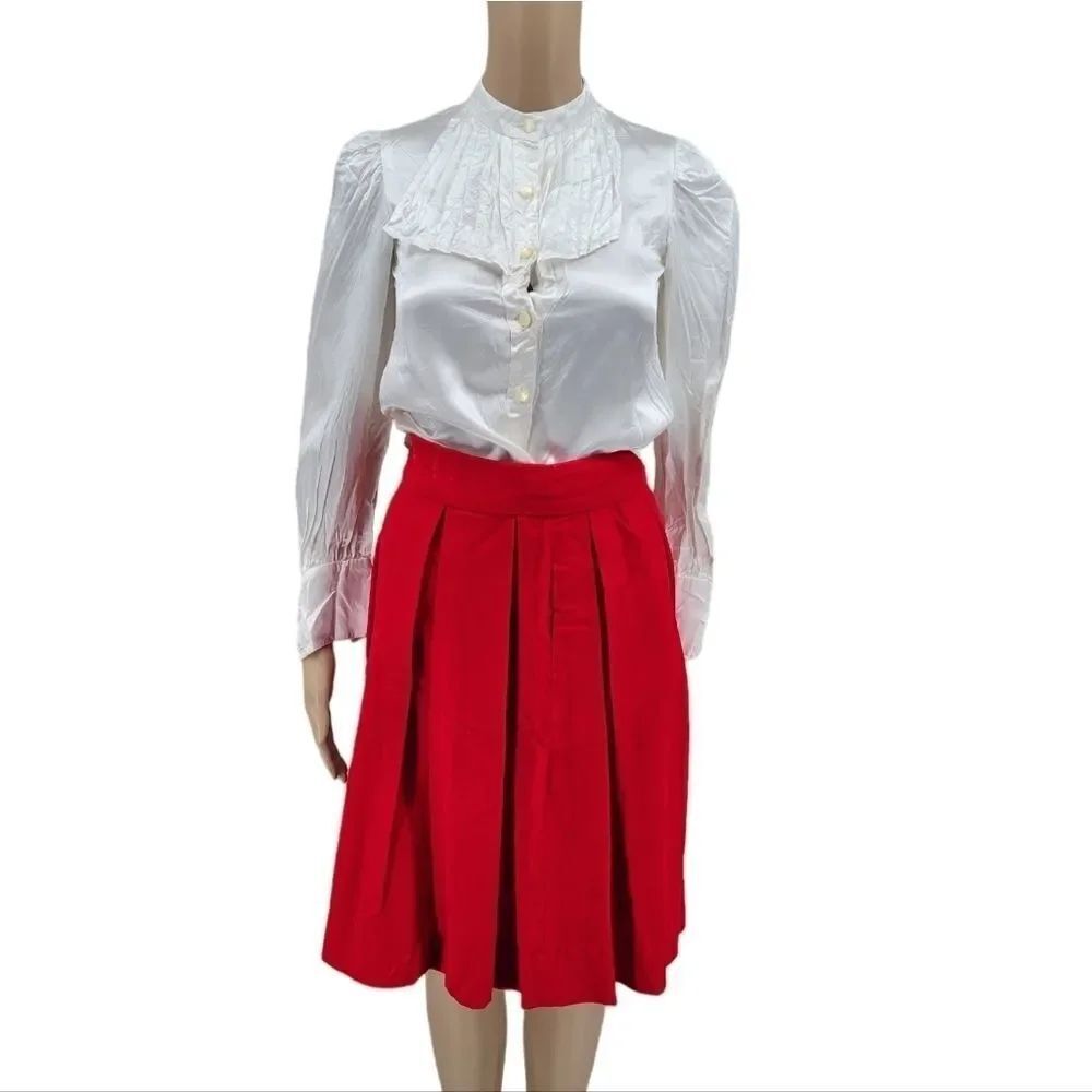 Vtg Red Velvet Skirt & White Satin Poet Blouse Women's XXS Valentine's Day